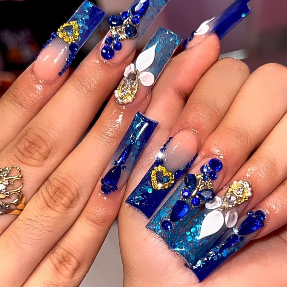 Amazon Royal Blue Press On Nails Long Square Glittery Blue Ombre Glossy Acrylic False Nails With Rhinestones 24 Pcs Beauty Personal Care