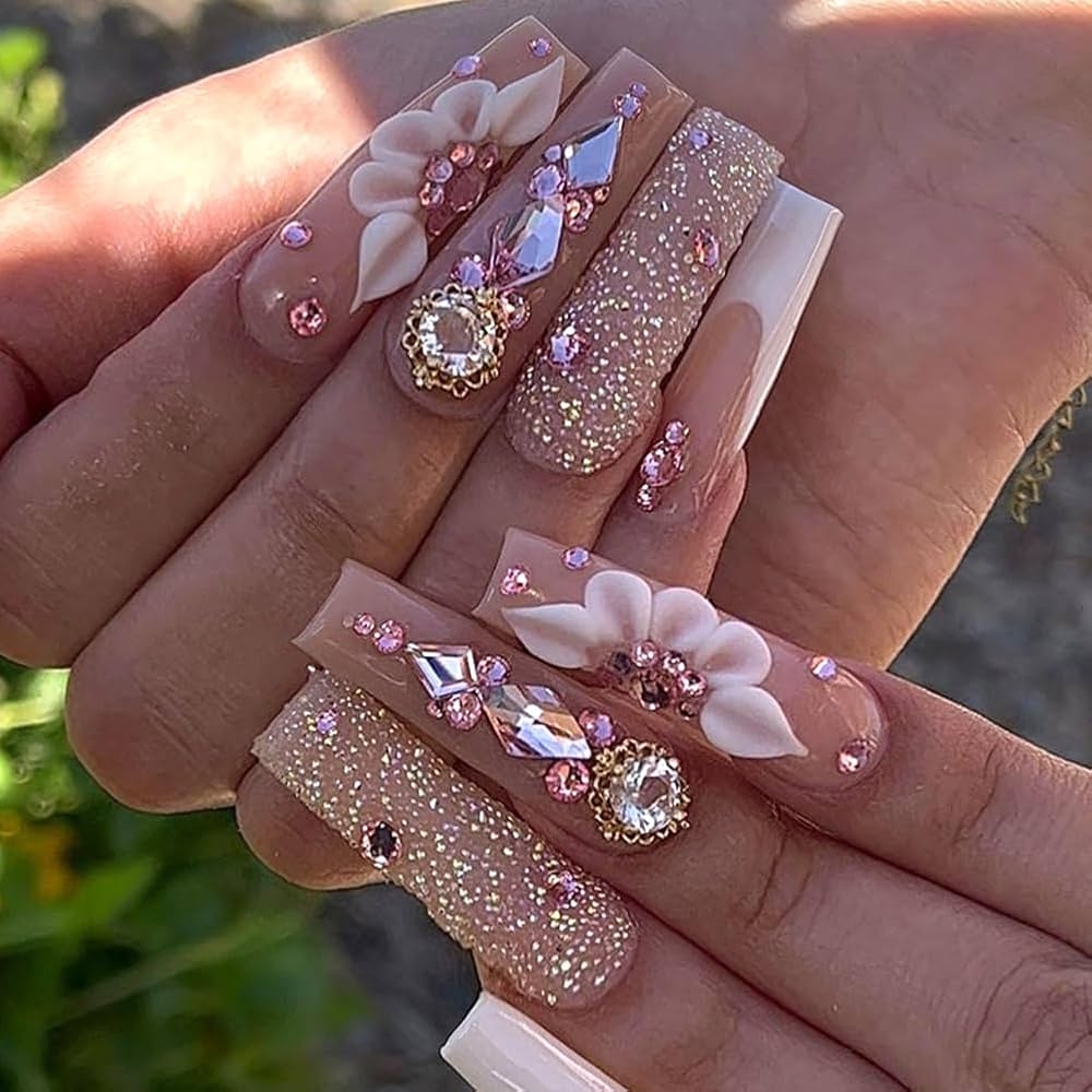 Amazon RUPOFUZA Long Press on Nails Square White French Tip With Bling Diamonds Flower Designs 24pcs Beauty Personal Care