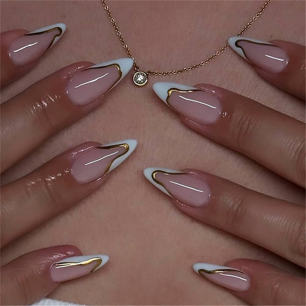 Amazon Short Almond Press On Fake Nails Irregular Gold White French Nail Art Decoration Stylish Manciure For Women And Girls 24pcs Beauty Personal Care