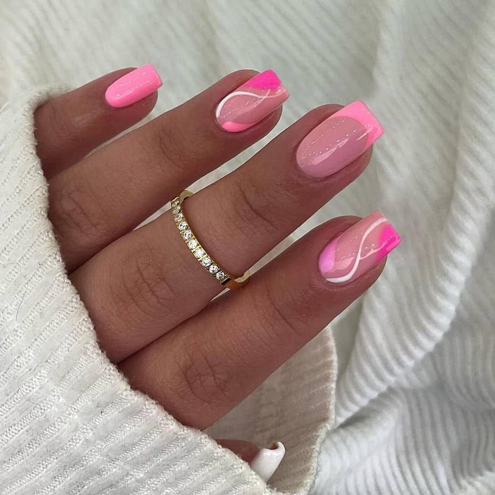Amazon Short French Press On Nails With Design KXAMELIE Hot Pink Square Shape Colorful Swirls French Tips Fake Nails Glossy Gel Nails Press On Full Cover Reusable Glue On Nails For Women Girls In 24