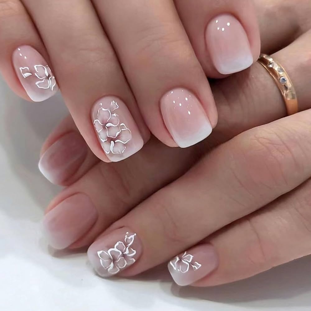 Amazon Short Press On Nails Square Fake Nails With Flower Designs French Gradient False Nails Cute Short Acrylic Press On Nails Glossy Nude Pink Stick On Nails Reusable Artificial Nails For Women