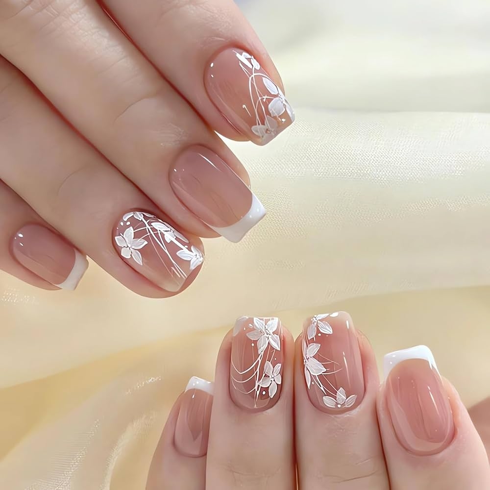 Amazon Short Square Press On Nails White French Fake Nails With Flower Designs Glossy Full Cover Stick On Nails Short Small Flowers Artificial Acrylic False Nails White Floral Glue On Nails For