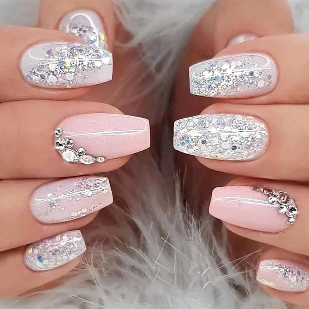 Amazon Silver Glitter Press On Nails Medium Square Fake Nails With Rhinestones Design Glossy Pink White Artificial False Nails For Women Girls DIY Manicure Decoration Reusable Stick On Nails Glue On Nails 