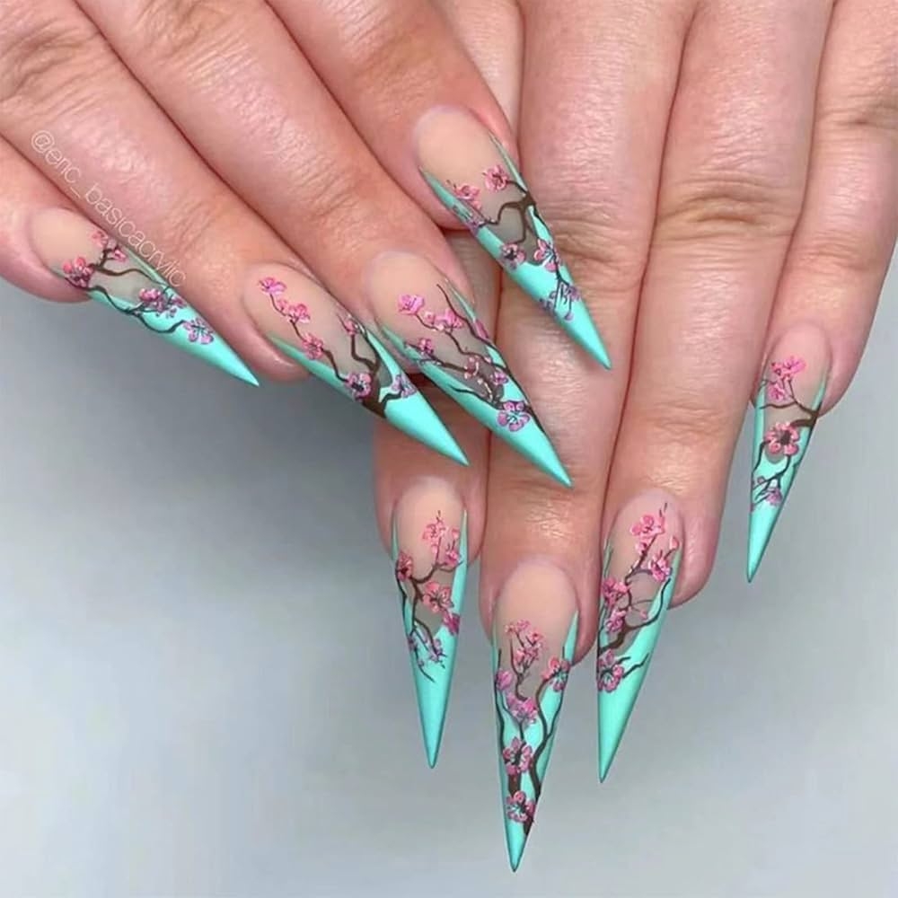 Amazon SINHOT Long Press On Nails Stiletto False Nails French Tip Fake Nails Ombre Glue On Nail Plum Blossom Acrylic Nail With Designs For Women And Girls Beauty Personal Care