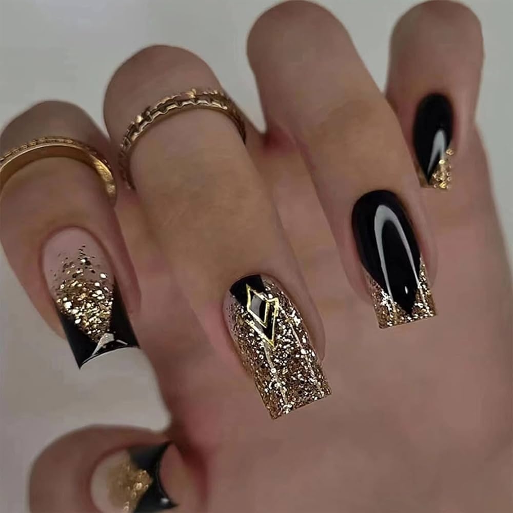Amazon SINHOT Medium Coffin Press On Nails Ballerina Fake Nails Glossy Glue On Nails Black Acrylic Nails Gold Glitter False Nails With Designs 24 Pcs Beauty Personal Care
