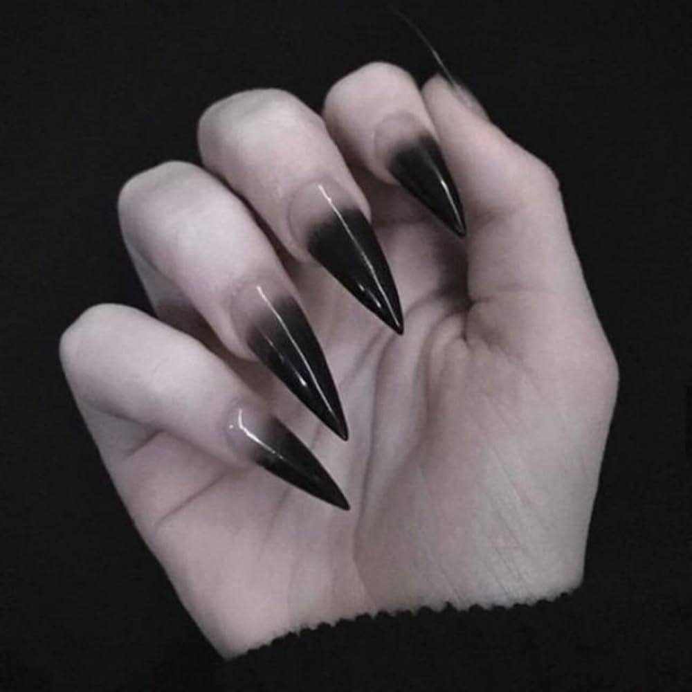 Amazon SINHOT Stiletto Press On Nails Extra Long Fake Nails With Glue Glossy False Nails With Black Gradient Designs Full Cover Almond Acrylic Nail 24pcs Beauty Personal Care