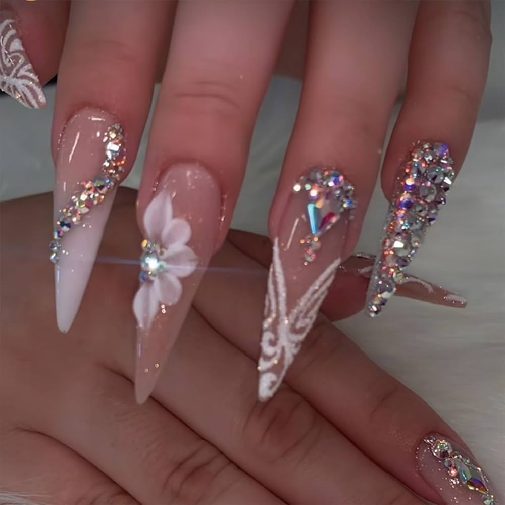 Amazon SINHOT Stiletto Press On Nails Long Fake Nails Glossy Glue On Nails Luxury Rhinestones Acrylic Nail White Bling Glitter Almond Artificial Nail Stick On False Nail With Design 24pcs Beauty