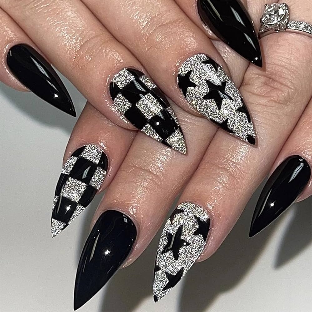Amazon SINHOT Stiletto Press On Nails Long Fake Nails With Silver Glitter Black Glossy Finish Almond Shape Cute Star Design 24 Pcs Beauty Personal Care