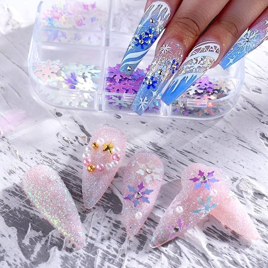 Amazon Snowflake Nail Art Glitter Sequins Christmas Snowflakes Holographic Nail Art Flakes Holographic Nail Designs For Women Girls DIY Acrylic Nails Decoration Charms 6 Grids Beauty Personal Care