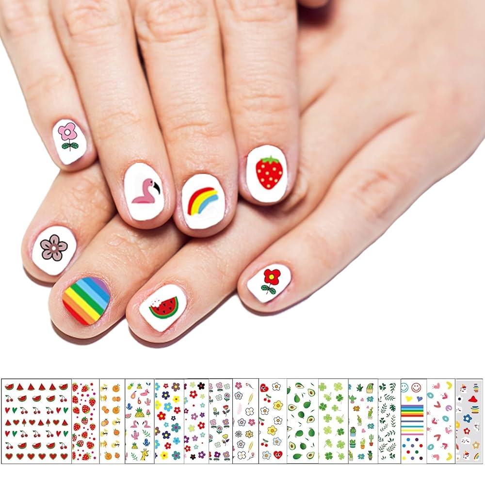 Amazon SOGAYU 16 Sheets Nail Stickers For Kids Cute Self Adhesive Nail Art Decals For Girls Women 3D Designs DIY Manicure Accessories Include Fruits Flowers Leaves Rainbow Plants Etc Beauty 
