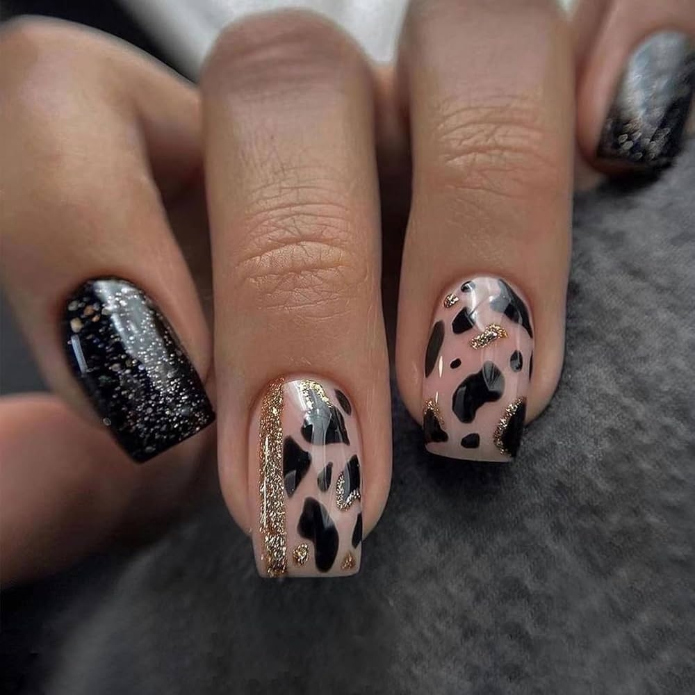 Amazon Sparkly Press On Nails With Milk Cow Print Designs Glossy Black Glitter Short Coffin Length Fake False Nails Spot Full Cover Acrylic Nails X Glue Stick On Artificial Fingernails For Women Girls 