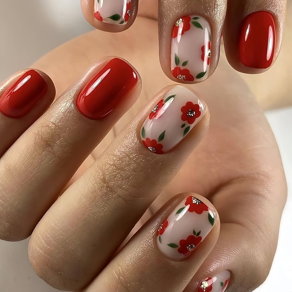 Amazon Spring Daisy Flowers Leaf Press On Nails Short Square Red Fake Nails With Glitter Daisy Designs False Nails Full Cover Glossy Spring And Summer Acrylic Nails For Women Nails Decoration 24Pcs 
