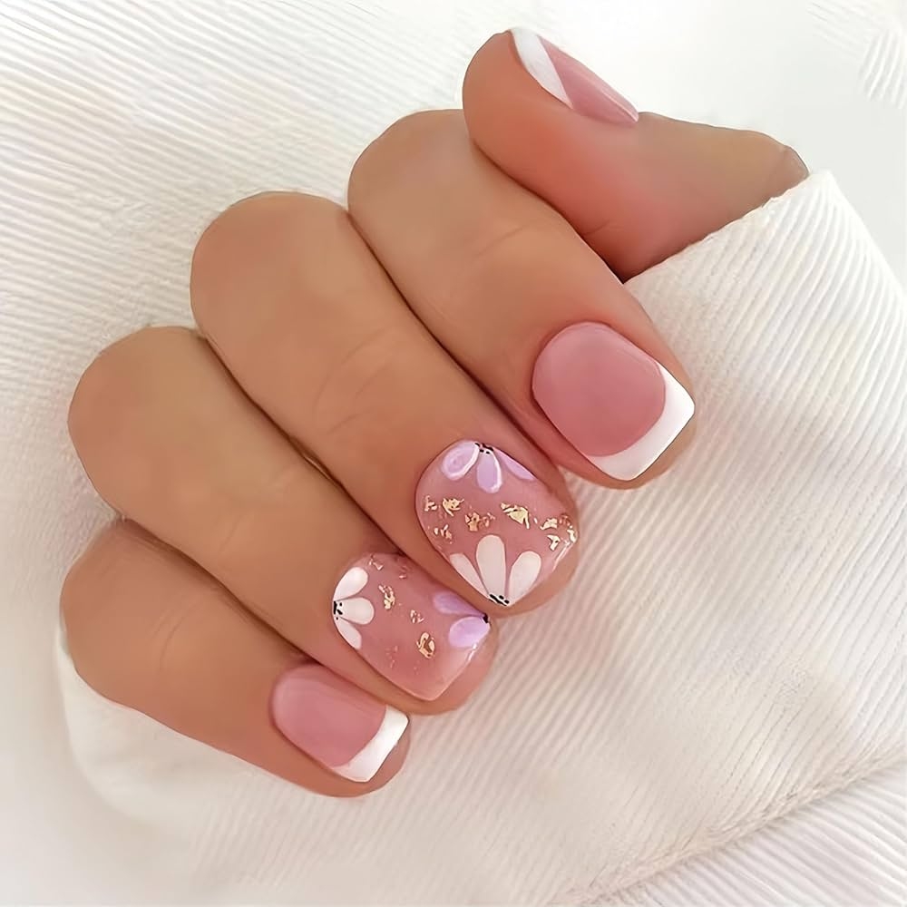 Amazon Spring Press On Nails Short Square Fake Nails French False Nails Purple White Floral Gold Foil Designs Glue On Nails Acrylic Nail Kit With Nail Art Tools 24Pcs Matte Stick On