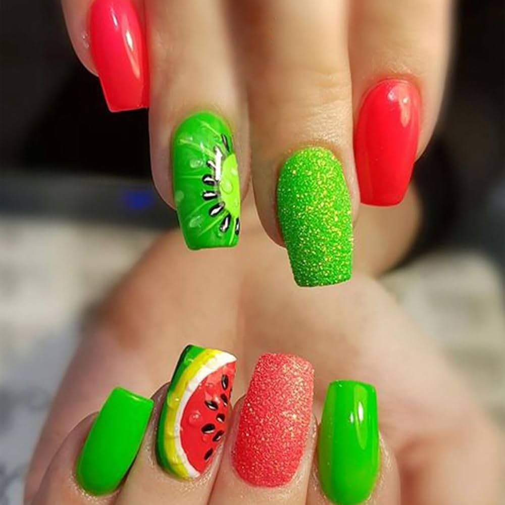 Amazon Square Press On Nails Medium Fake Nails With Nail Glue Red Green False Nails With Watermelon Pattern Designs Full Cover Stick On Nails For Women 24Pcs Beauty Personal Care