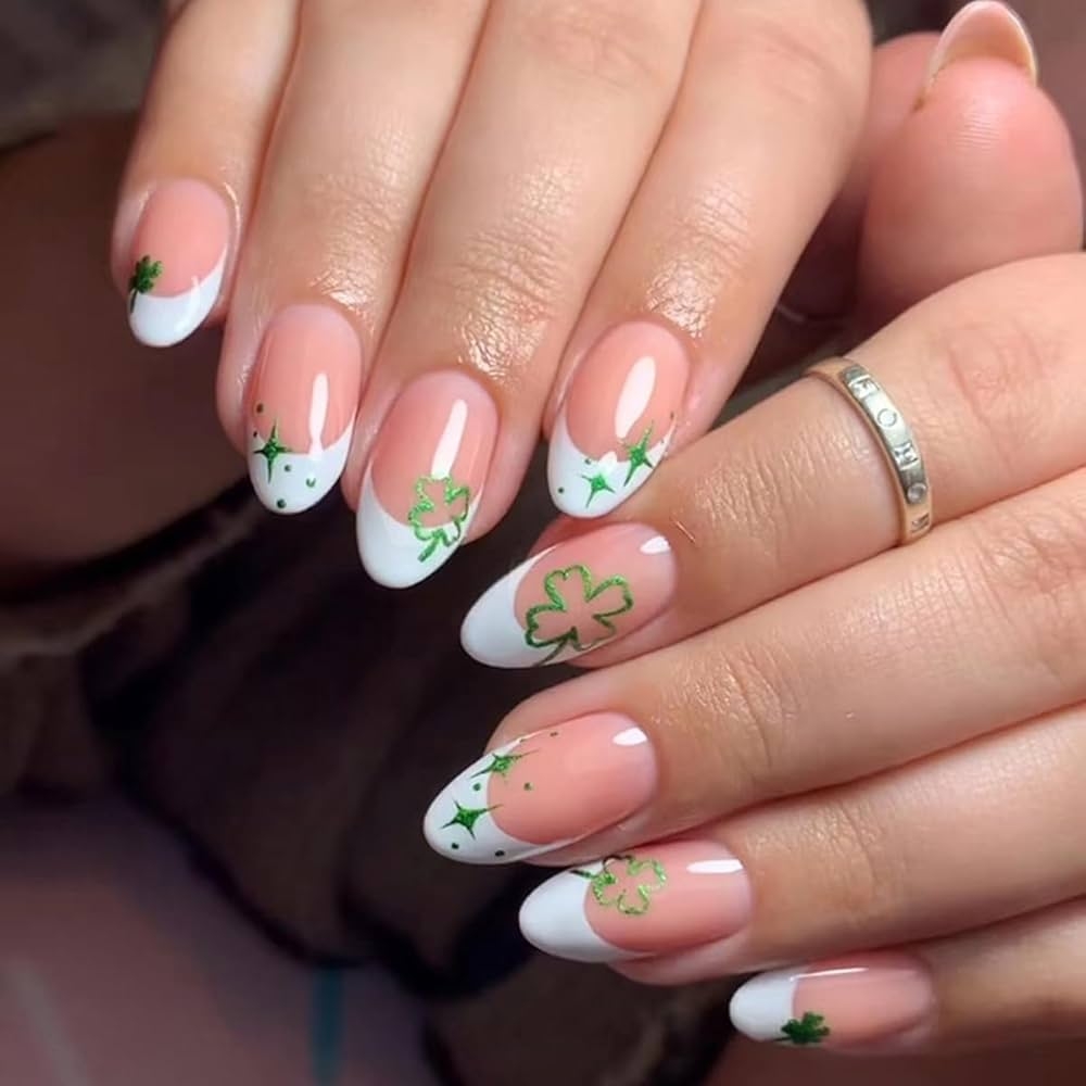 Amazon St Patrick s Day Press On Nails Medium French Tip Press On Nails With Clover Star Designs Glitter Green Fake Nails Shamrock Stick On Nails With Glue On Static Nails Artificial