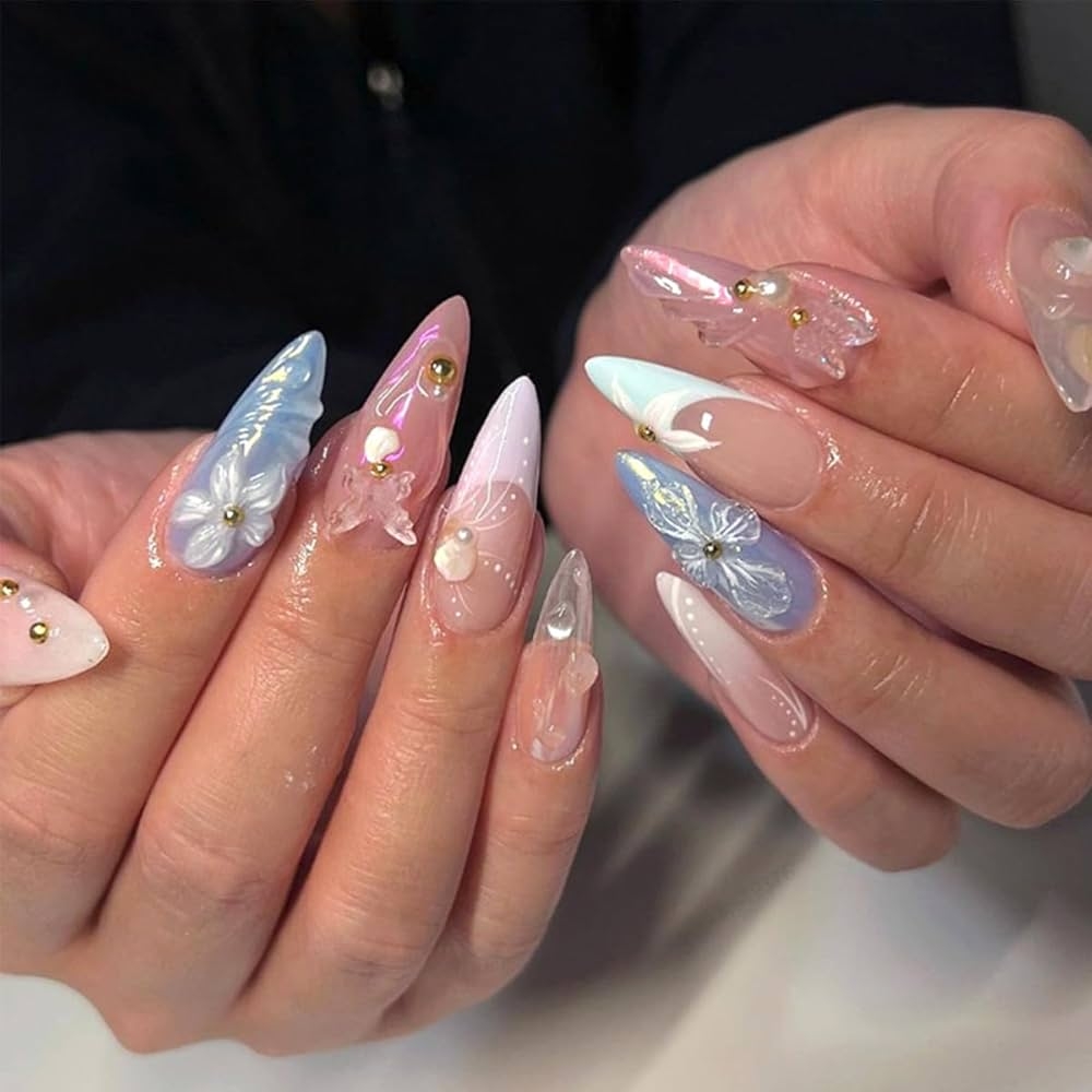 Amazon Stiletto Press On Nails Medium Almond Fake Nails French Tip False Nails With Designs 3D Butterfly Flowers Pearls Glue On Nails Full Cover Glossy Acrylic Stick On Nails For Women Girls