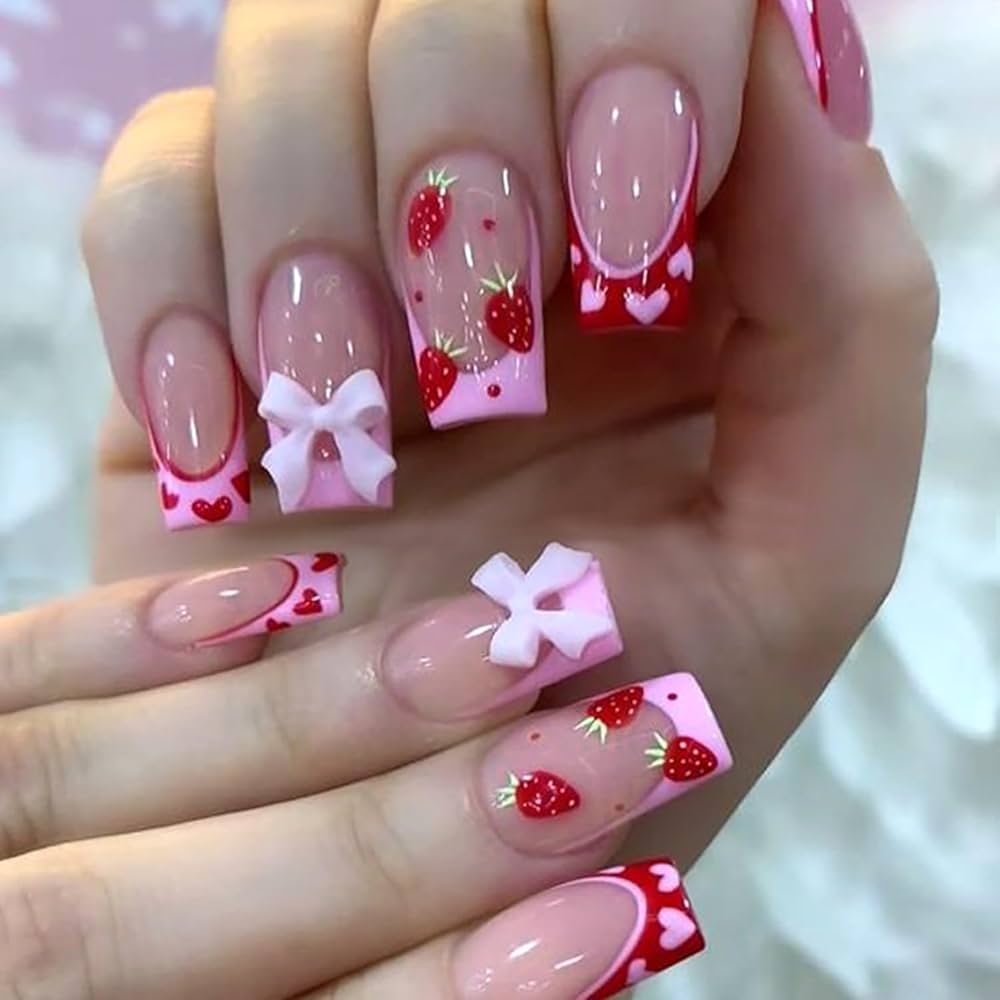 Amazon Strawberry Press On Nails Short Square Cute Bow Tie Design Pink Heart False Nails Artificial Coffin Nails Full Cover Acrylic Nails French Valentine s Stick On Nails Reusable Glue On Nails For