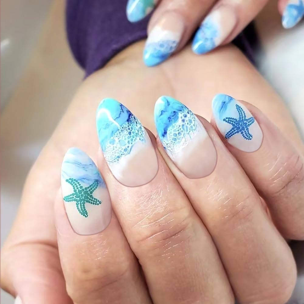 Amazon Summer Press On Nails Blue Sea French Medium Almond With Starfish Designs Beach Glue On Cute Stick On Full Cover Acrylic Glossy Artificial Nail Beauty Personal Care