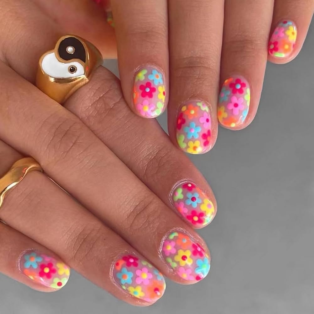 Amazon Summer Press On Nails Short Petite Fake Nails Full Cover Colorful Flower Designs Acrylic Nails Cute Square Stick On Nails Glossy Gel Glue On Nails For Women Girls Holiday Manicure 24pcs 