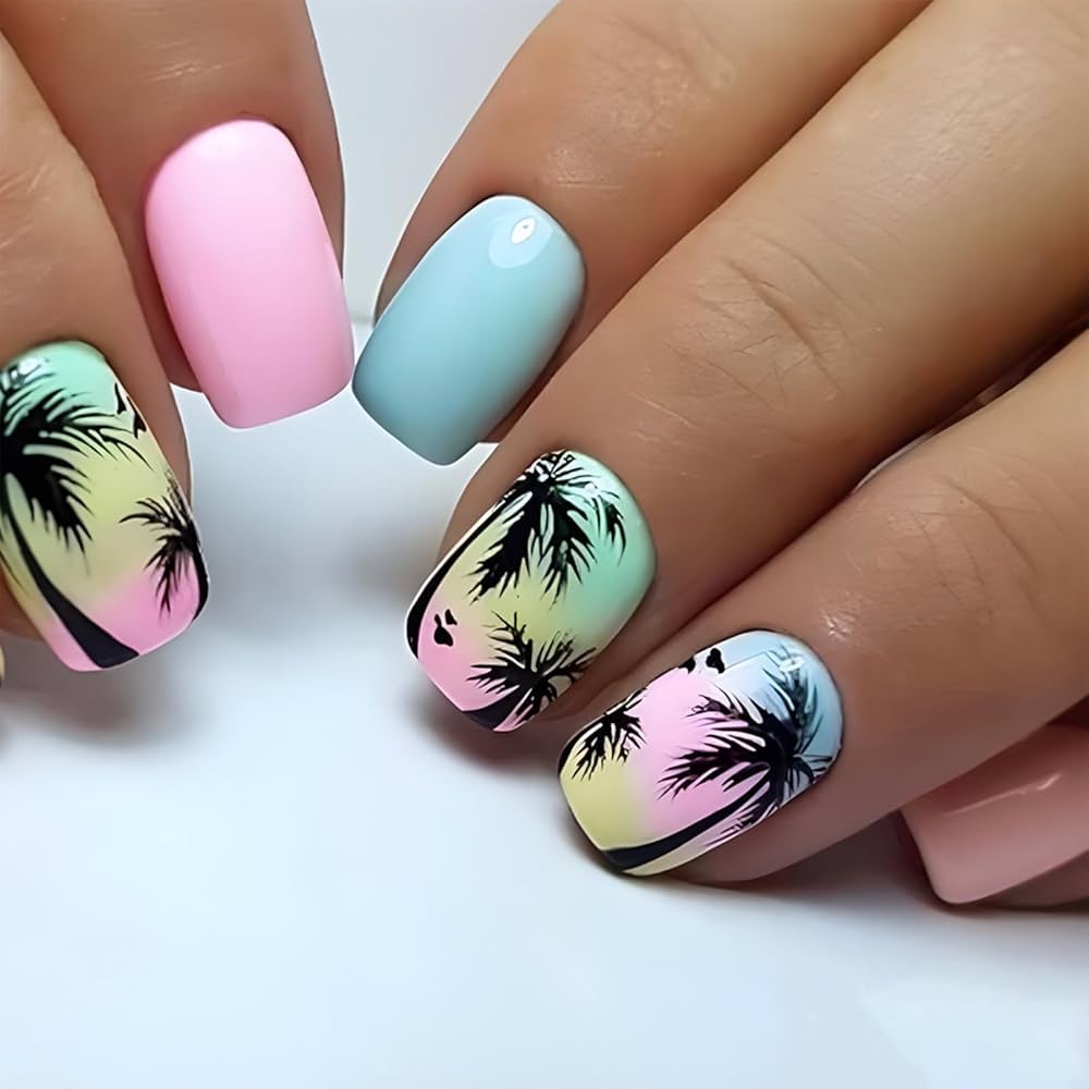 Amazon Summer Press On Nails Square Short Fake Nails With Beach Palm Tree Designs Solid Color Blue Pink Acrylic Glue On Nails Glossy Full Cover Y2K Style False Nails Reusable Stick On