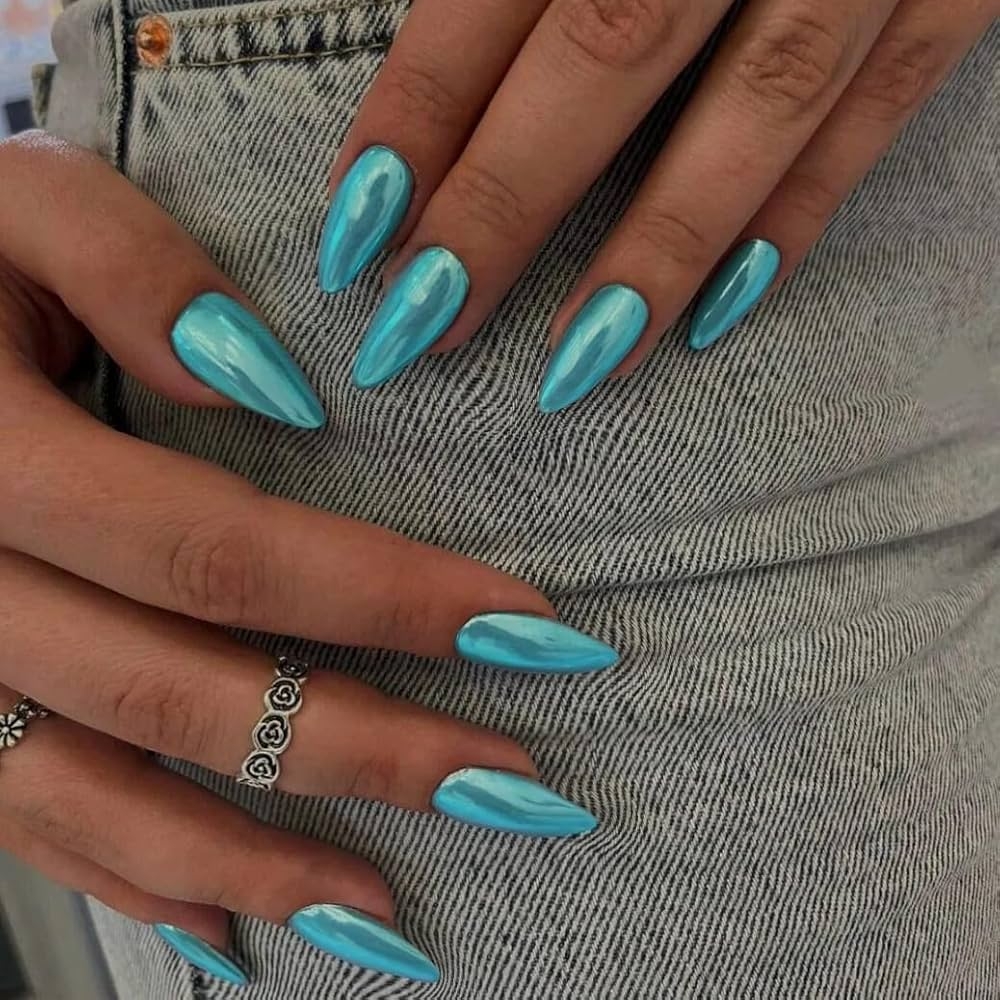 Amazon Teal Blue Chrome Press On Nails Medium Almond KQueenest Mirror Metal Stiletto Fake Acrylic Nails With Bling Design Green Glue On Nails For Daily Party Wear False Nails Press Ons In