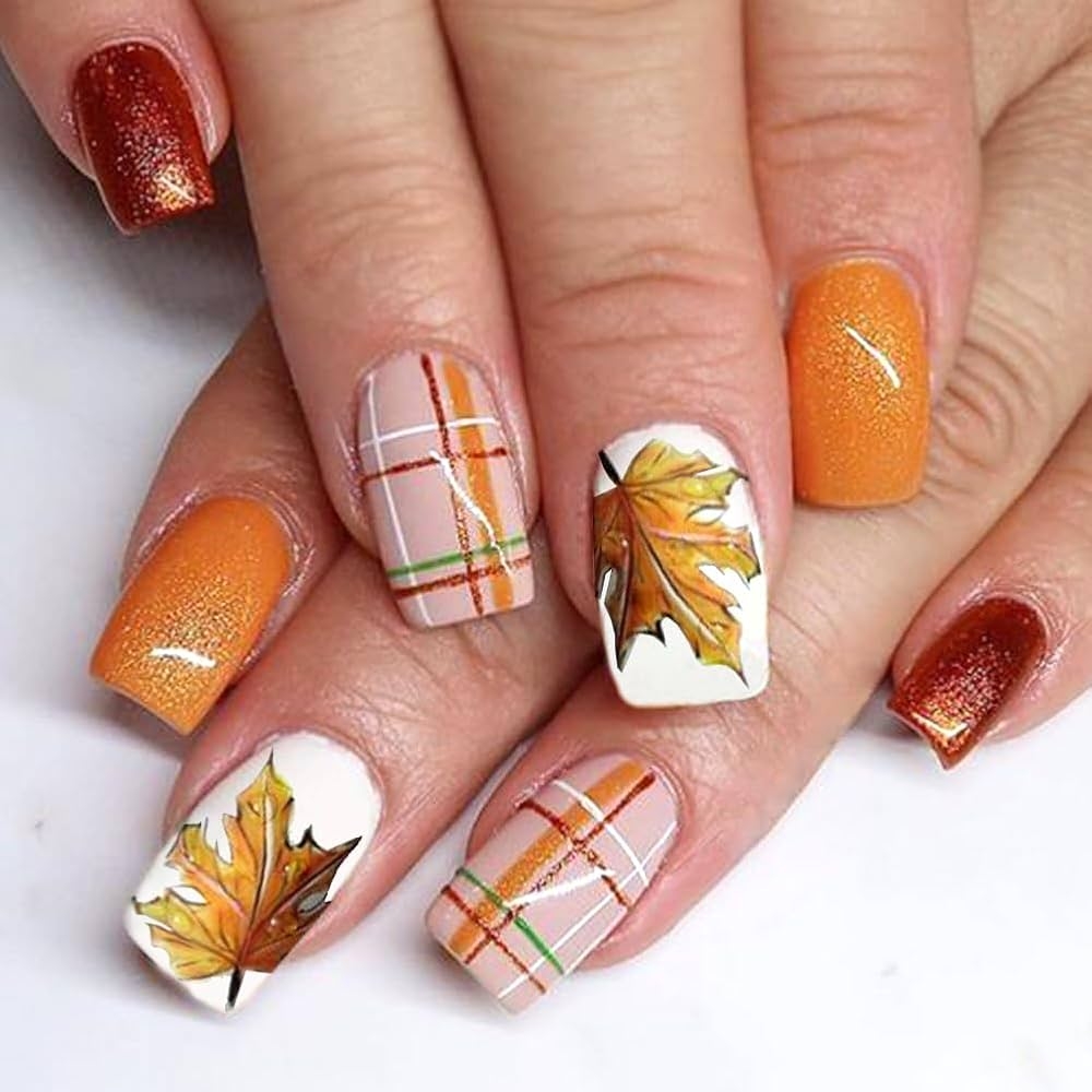 Amazon Thanksgiving Fall Press On Nails Medium Square Fake Nails Maple Leaf Orange Glitter Plaid Acrylic Nails Press Ons Cute Autumn Leaves Design Full Cover Fall Coffin False Nails Stick On Nails