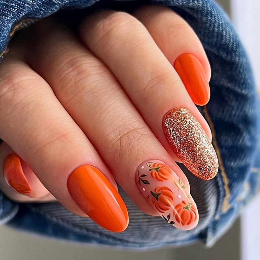 Amazon Thanksgiving Press On Nails Glitter Fake Nails Medium Almond Shaped False Nails Pumpkin Design Glossy Fake Nails Autumn Stick On Nails Orange Glue On Nails Acrylic Nail Kit For Women Manicure
