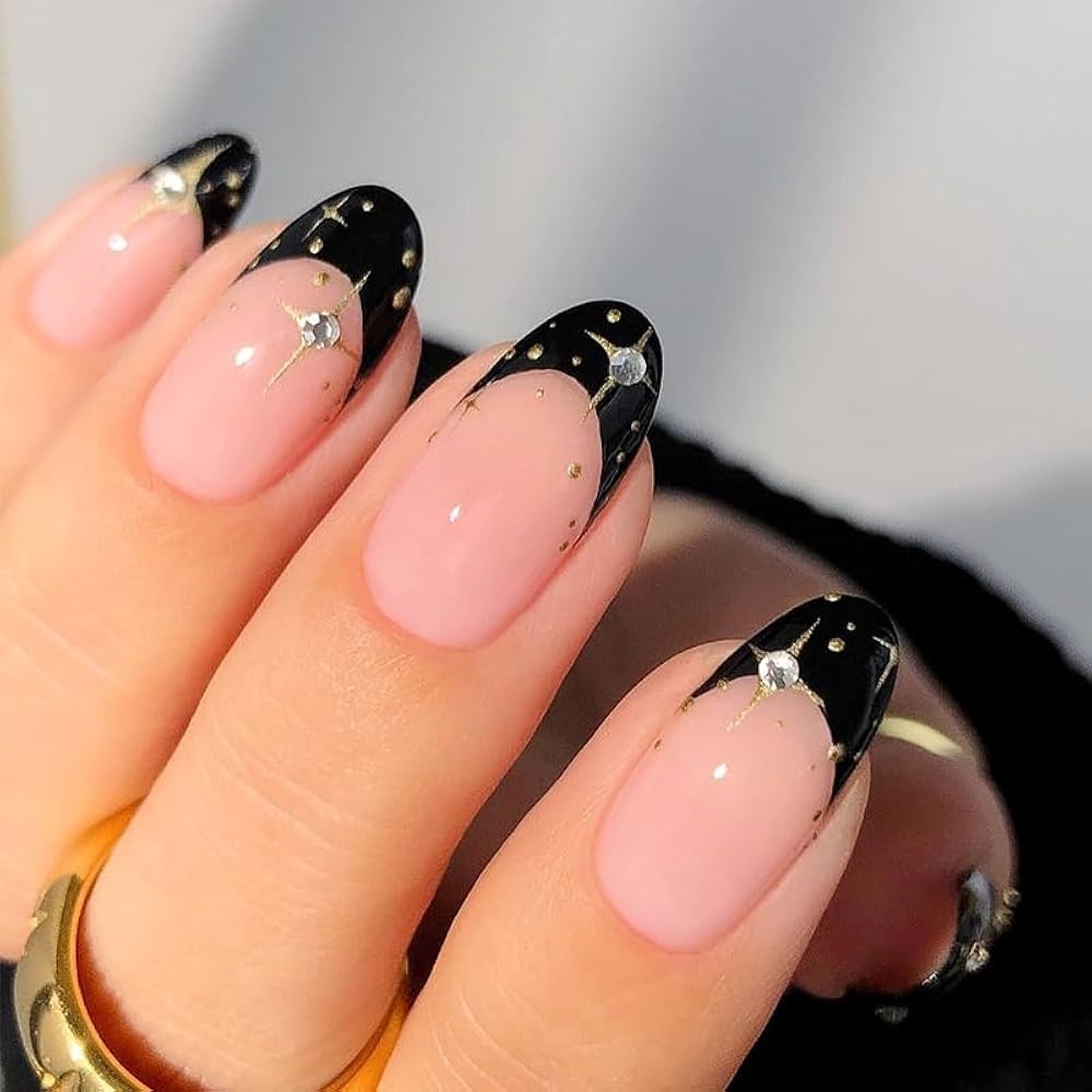 Amazon TOGZOM Black French Tips Press On Nails Short Oval Fake Nails Star Acrylic Nails With Rhinestone Designs Glue On Nails Nature Nude False Nails Short Almond Nails For Women 24Pcs Style13 