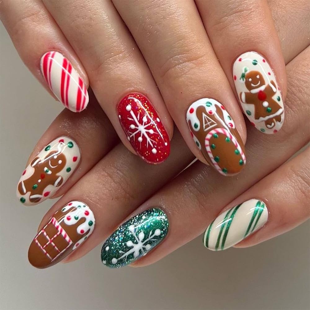 Amazon TOGZOM Christmas Press On Nails Gingerbread Man Almond Fake Nails Christmas Candy Fake Nails Designs Glossy Full Cover Glue On Nails For Winter Xmas Nails Art Decoration Beauty Personal