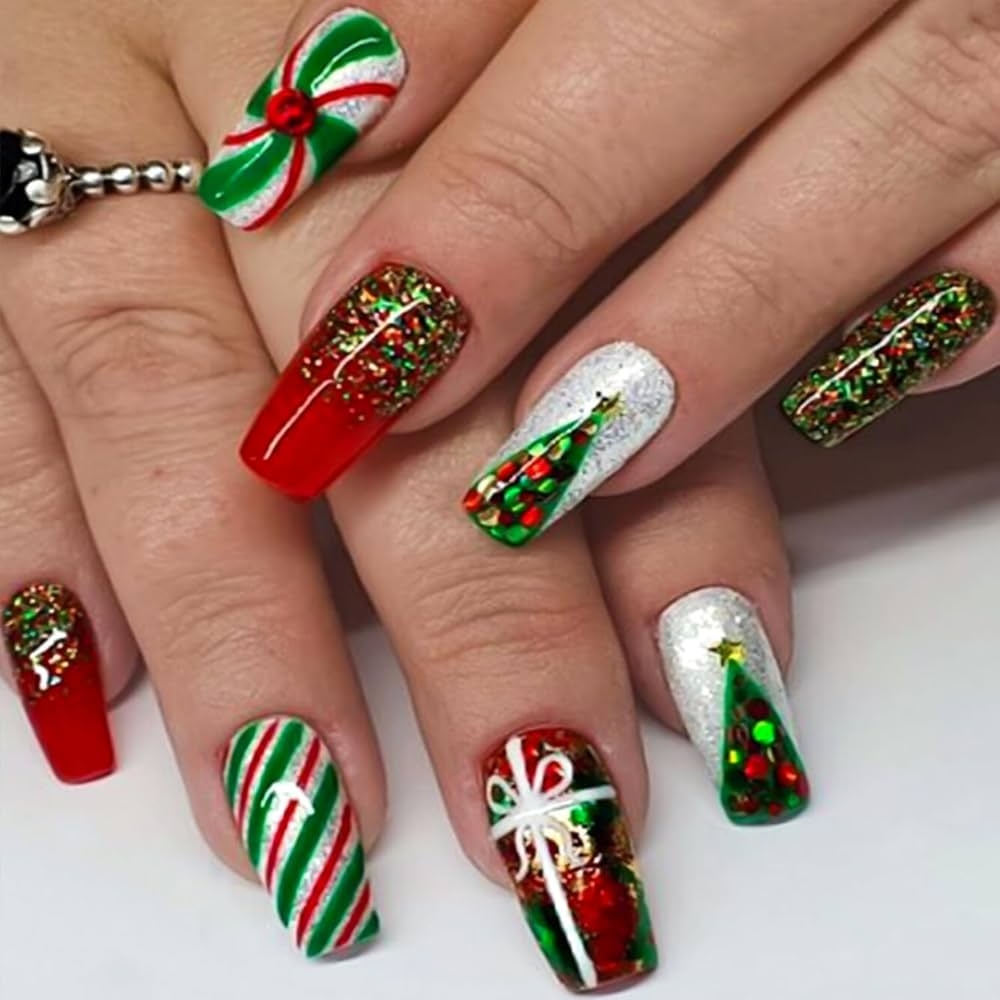 Amazon TULOBI Christmas Press On Nails Medium Coffin Fake Nails With Christmas Tree Designs Glitter Glue On Nails Xmas Design Green And Red Stripes Full Cover False Nails Artificial Acrylic Nails 24pcs 