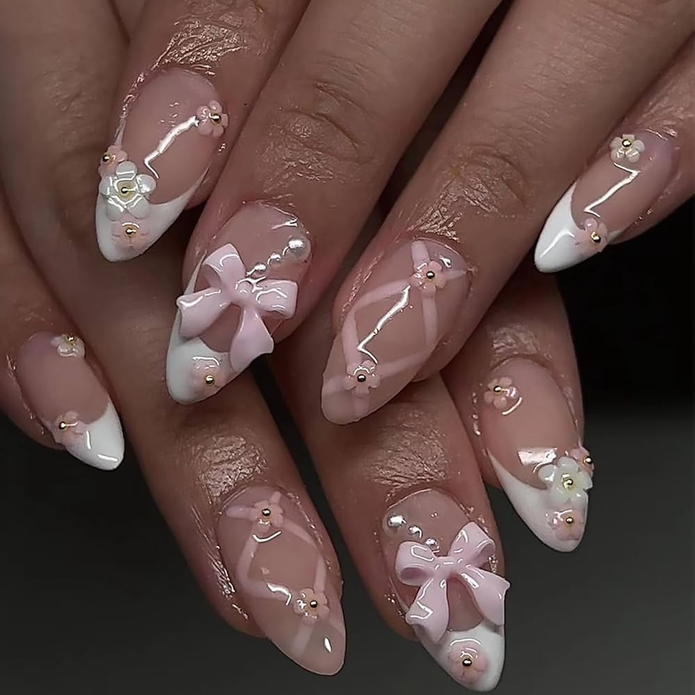 Amazon Tyuimhx 3D Pink Bow Press On Nails Medium Almond Fake Nails With 3D Pink White Flowers Pearls Designs White French Tip False Nails Full Cover Stick On Nails Acrylic Artificial Nails