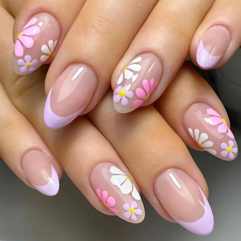 Amazon Tyuimhx Colorful Flowers Short Fake Nails Oval Set Designs Purple French Tip Full Cover Stick On Acrylic Artificial Nails 24 Pcs Beauty Personal Care