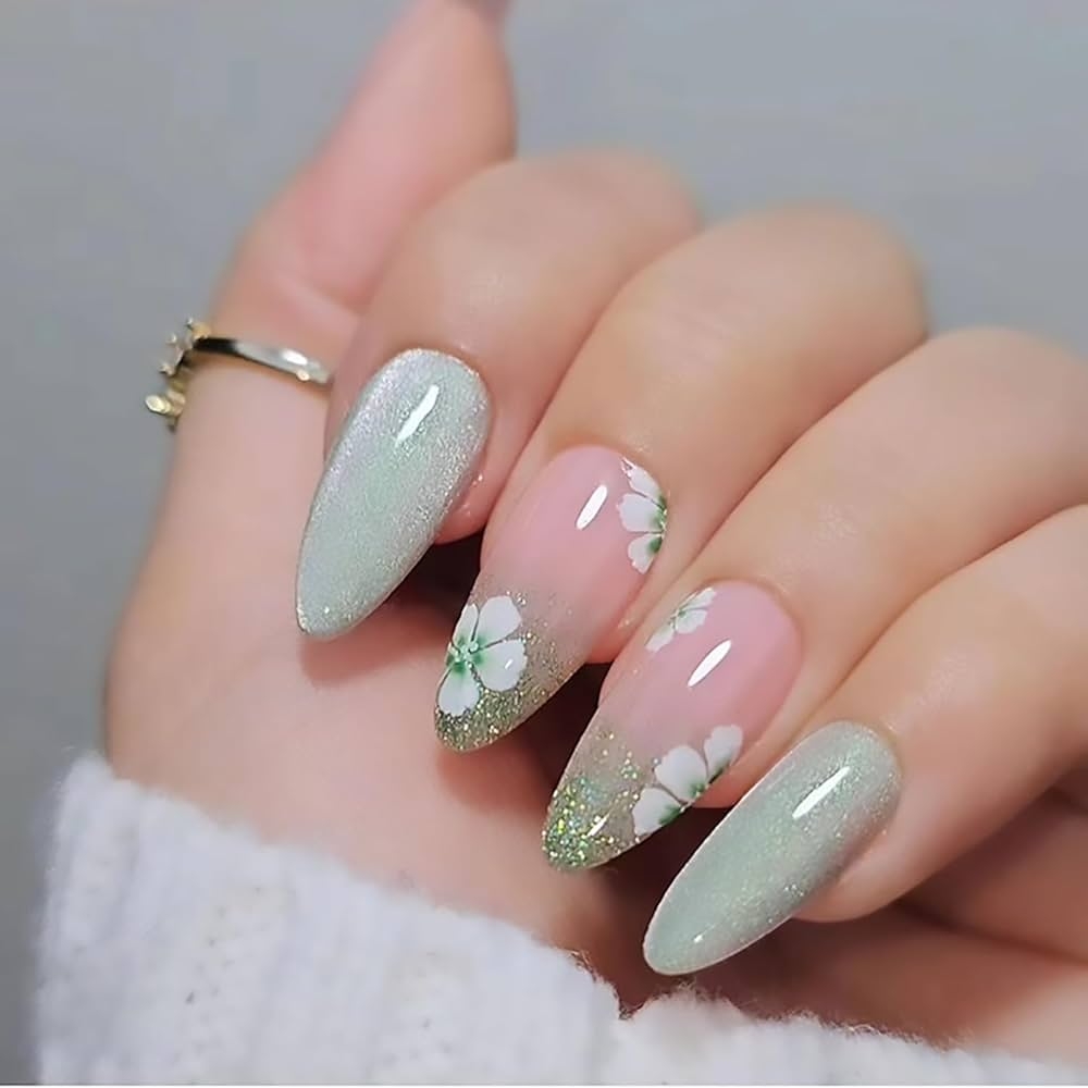Amazon Tyuimhx Light Green Cat Eye Press On Nails Medium Almond Fake Nails Spring False Nails With Flowers Glitter Designs Glossy Full Cover Stick On Nails Acrylic Artificial Nails For Women Girls