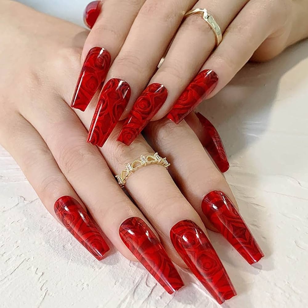 Amazon Ursumy Red Coffin Fake Nails Rose Press On Nails Extra Long False Nails Full Cover Acrylic Nails For Women 24Pcs Beauty Personal Care