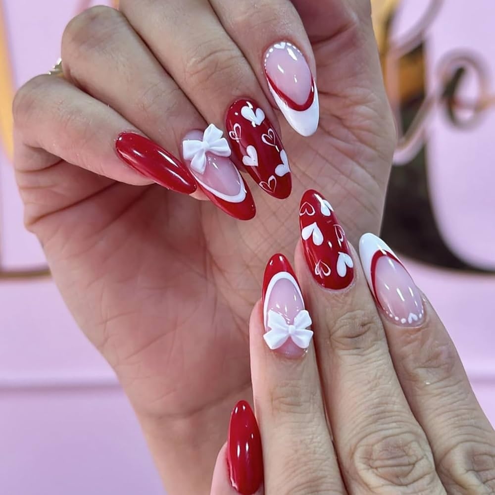 Amazon Valentine Red Press On Nails French Tip Fake Nails With Heart Bow Designs Medium Almond Glue On Nails Cute Acrylic False Nails Glossy Full Cover Artificial Nails Valentine Stick On Nails