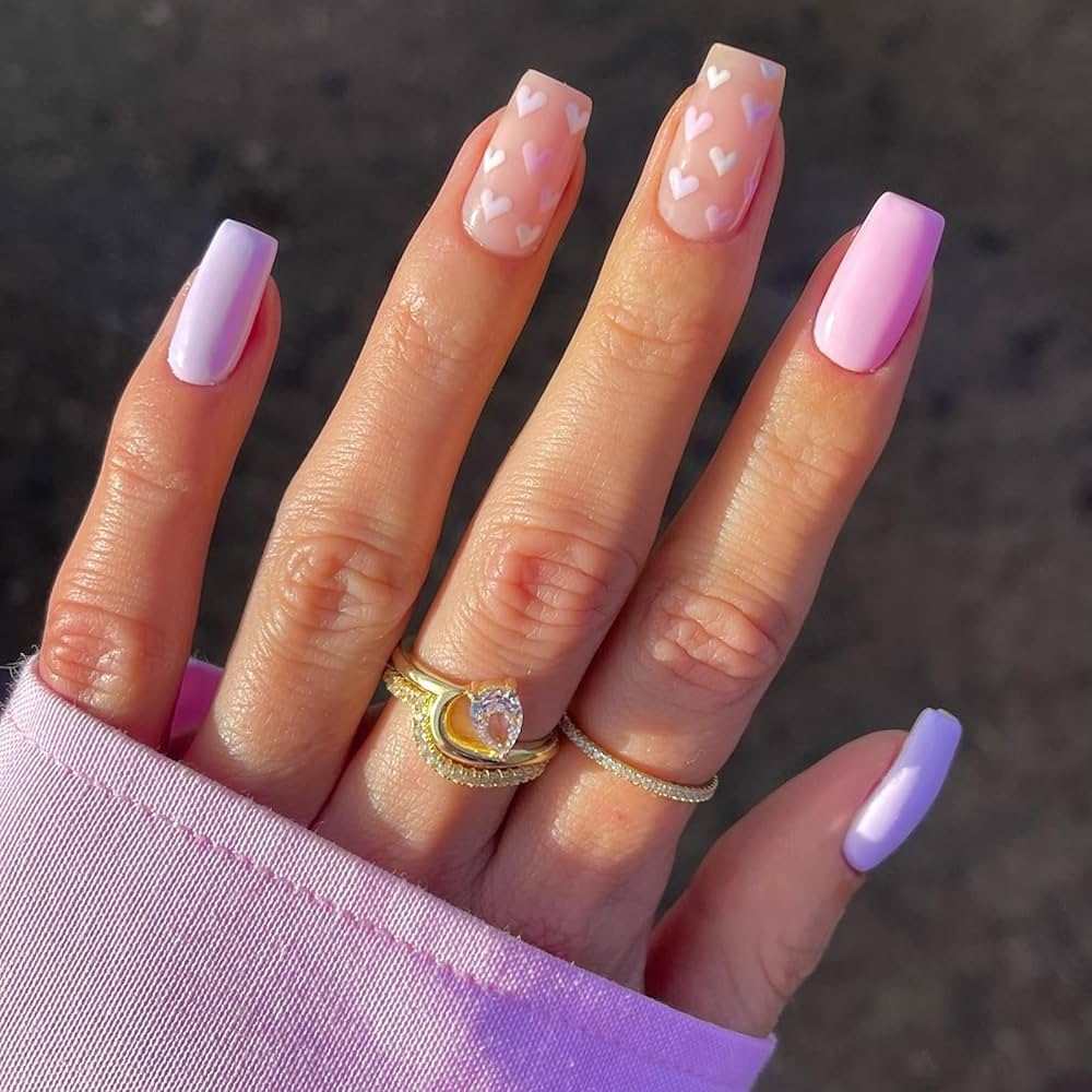 Amazon Valentines Press On Nails Short Square Fake Nails Pink Purple Full Cover Heart False Nails With Designs Glossy Glue On Nails Cute Acrylic Nails Manicure Artificial Nails For Women Girls 24Pcs 