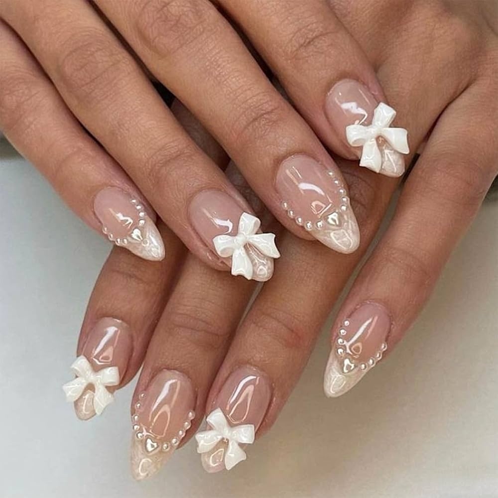 Amazon White French Tip Almond Shape Pearl Bow Fake Nails Design Tips 24pcs Cute Bow Stick On Nails For Women Girls Daily Wear Beauty Personal Care