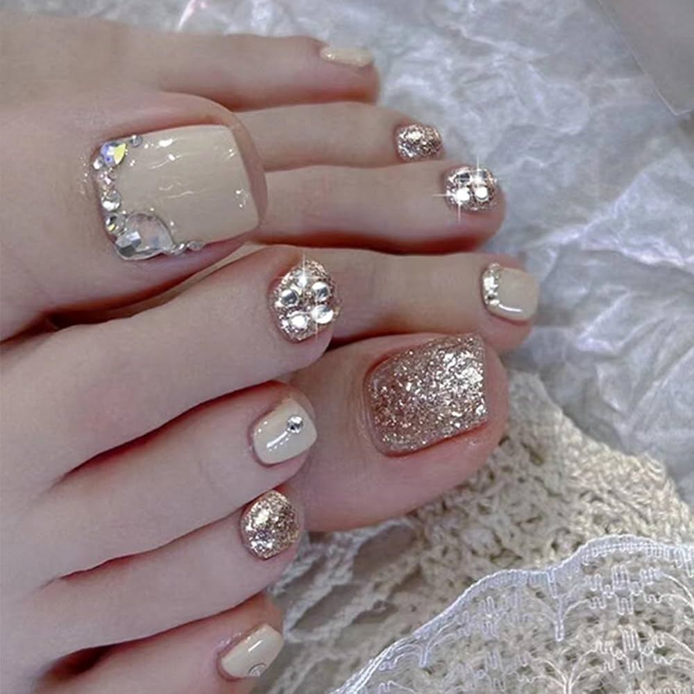 Amazon White Press On Toenails Gold Glitter Rhinestone Design Square Fake Toenails Luxurious Short Acrylic False Toes Nails Cute Artificial Beach Full Cover Toenail White For Women And Girls 24Pcs Beauty