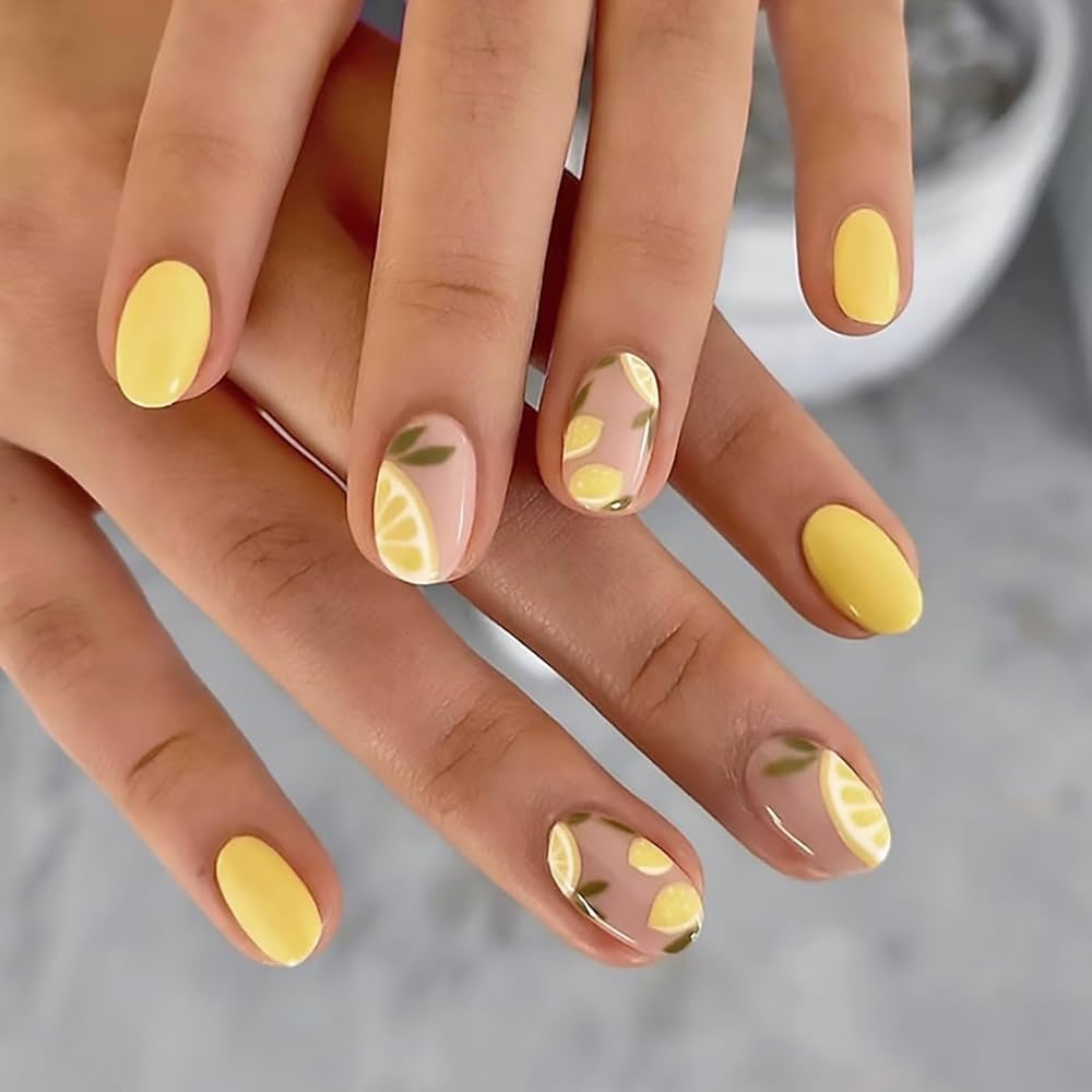 Amazon Yellow Press On Nails Short Oval Fake Nails Summer False Nails With Lemon Designs Glossy Full Cover Stick On Nails Acrylic Artificial Nails Glue On Nails For Women Girls Nail Art