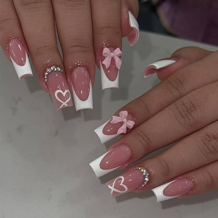 Amazon YKZFUI French Tip Press On Nails With Charms Medium Fake Nails White French Nails Press Ons Cute Bow Stick On Nails Long Square Shape Acrylic Nails Heart Nails Rhinestones Nails For
