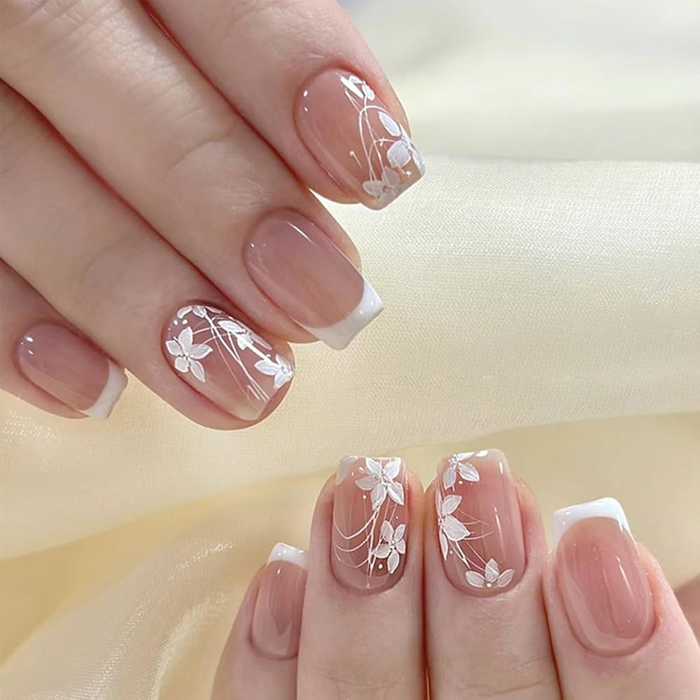 Amazon YOSOMMK French Tip Fake Nails Square Short Press On Nails With Designs Glossy Full Cover False Nail Elegant Flower Glue On Artificial Nail Manicure For Women And Girls Beauty 