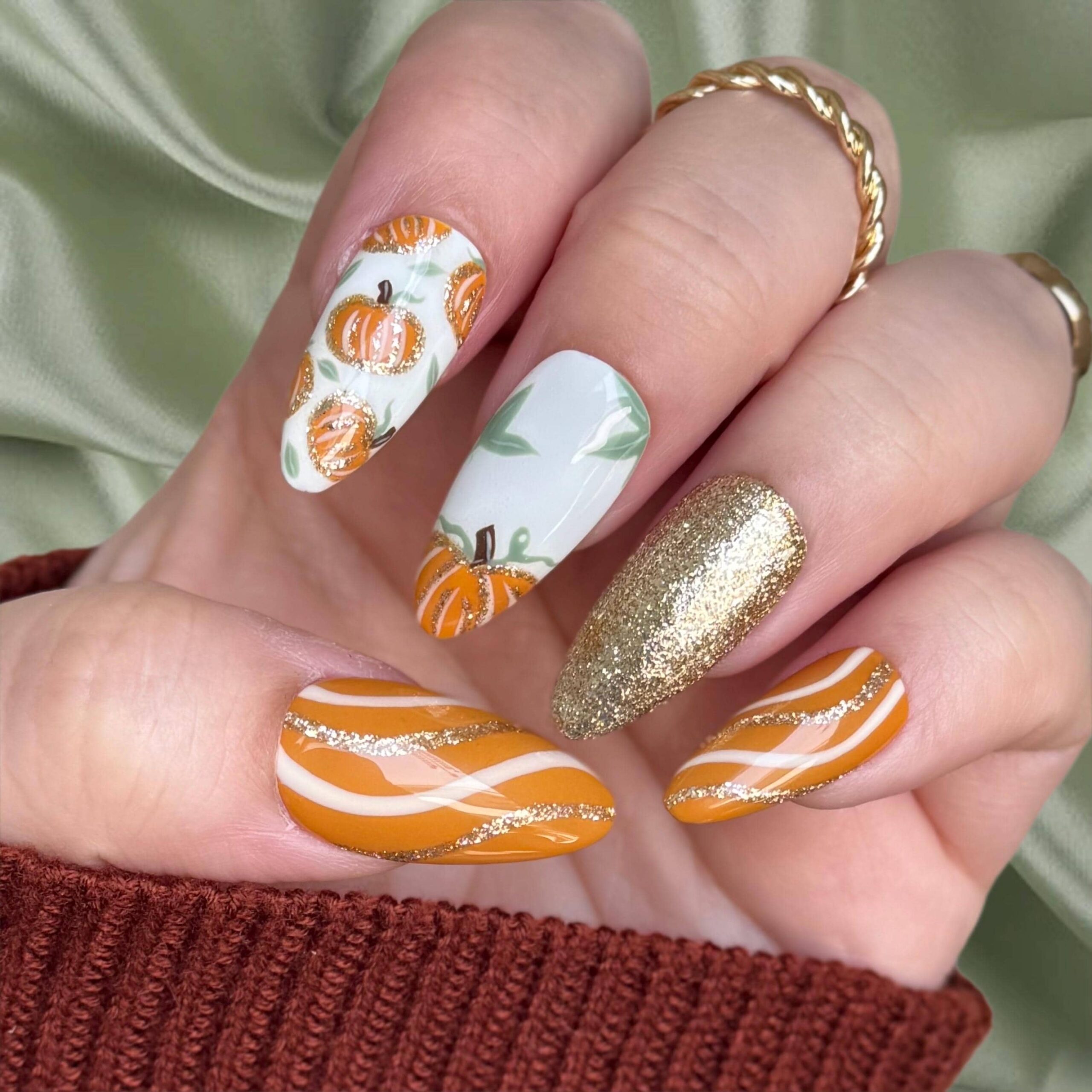 Autumn Harvest Press On Nails Fall Nails Pumpkin Nails Autumn Nails Gold Glitter Nails Hand Painted Nail Art Fall Leaves Nails Etsy