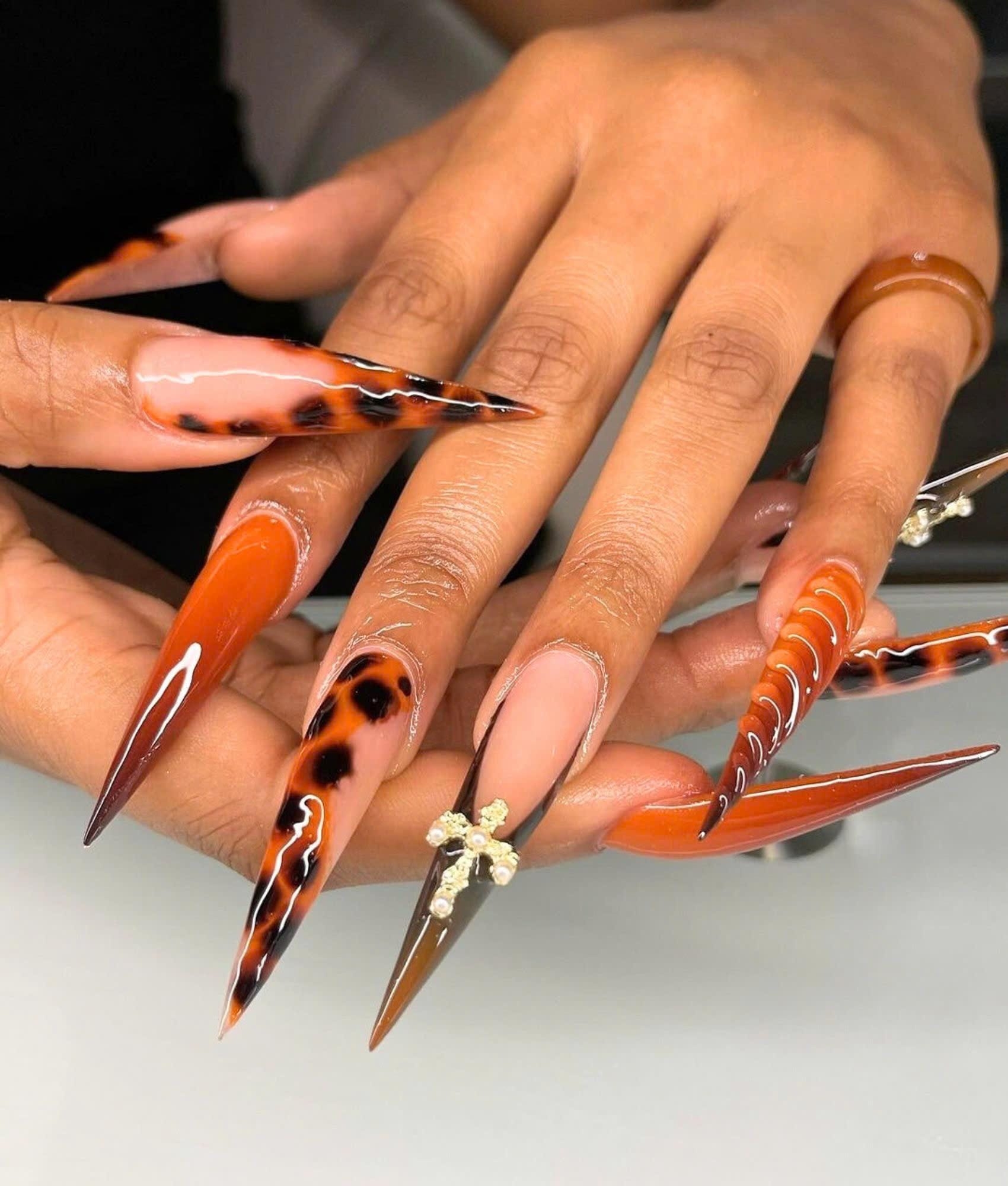 Beautiful Autumn Super Stiletto Press On Nails Custom Nails With Brown Dots French Tips Fake Acrylic Nails Fall Nail Brown Nail Set Etsy