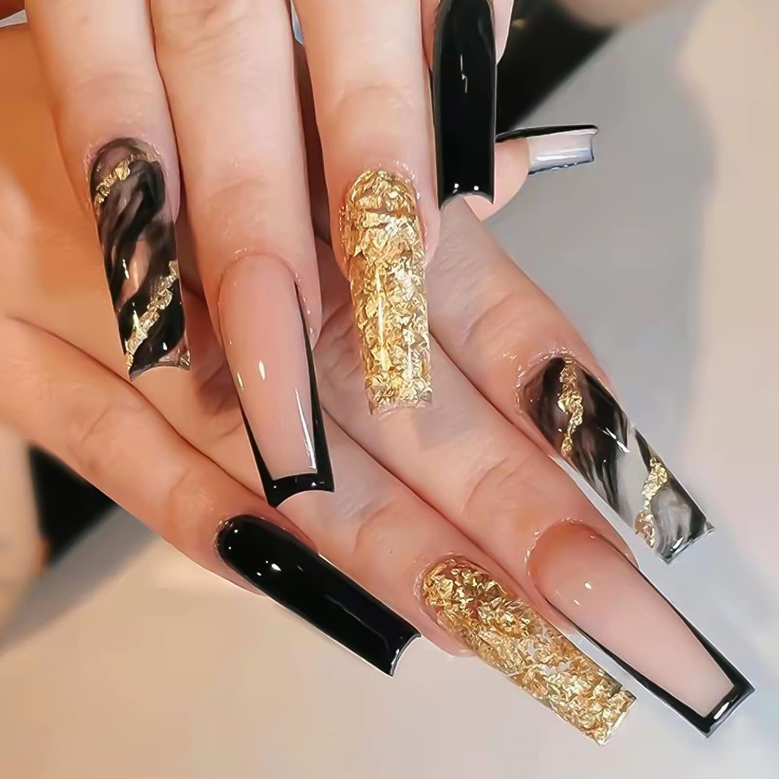 Belicey Black French Press On Nails Medium Length Luxury Stick On Coffin Nails With Golden Bling Stripes Full Cover Exquisite Design For Women And Girls Buy Now With Express