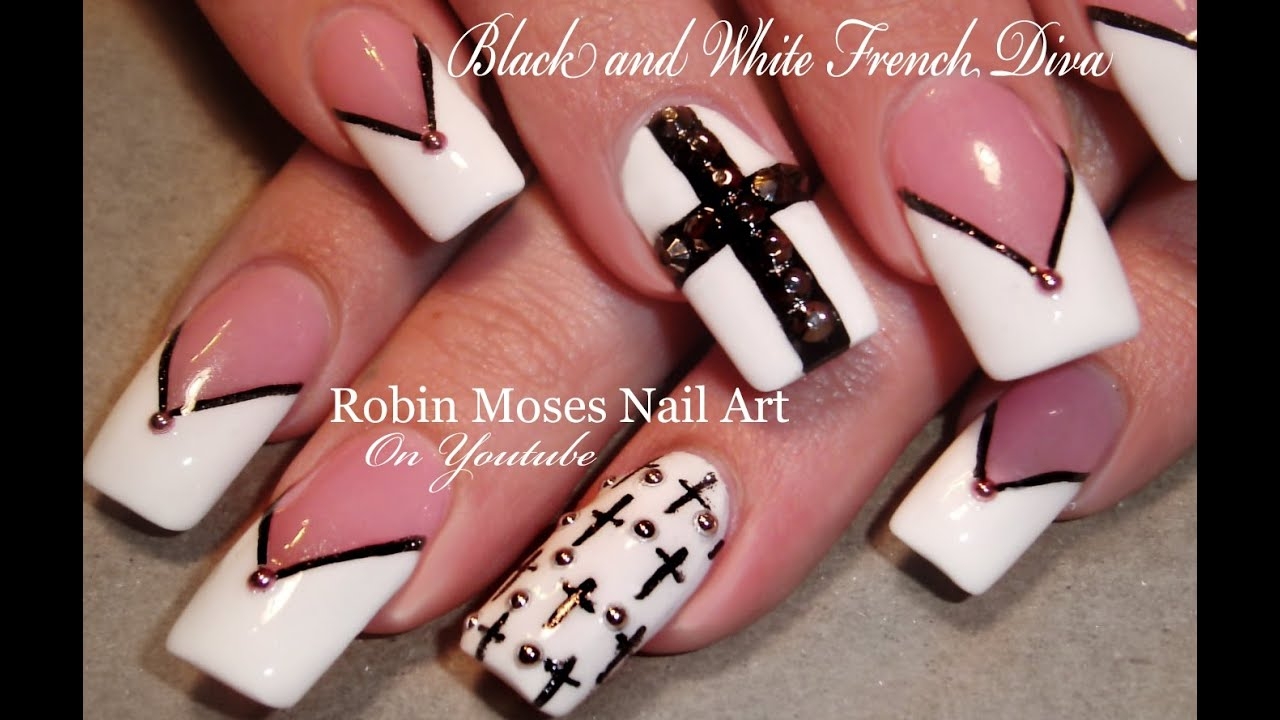 Black And White Nails Chevron Tips Crosses Nail Art Design Tutorial YouTube