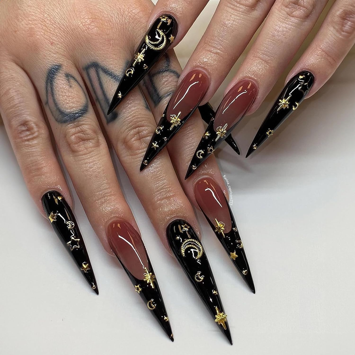 Black French Tip Goth Press On Nails Long Acrylic Nails Sharp Design 24 Pcs EBay