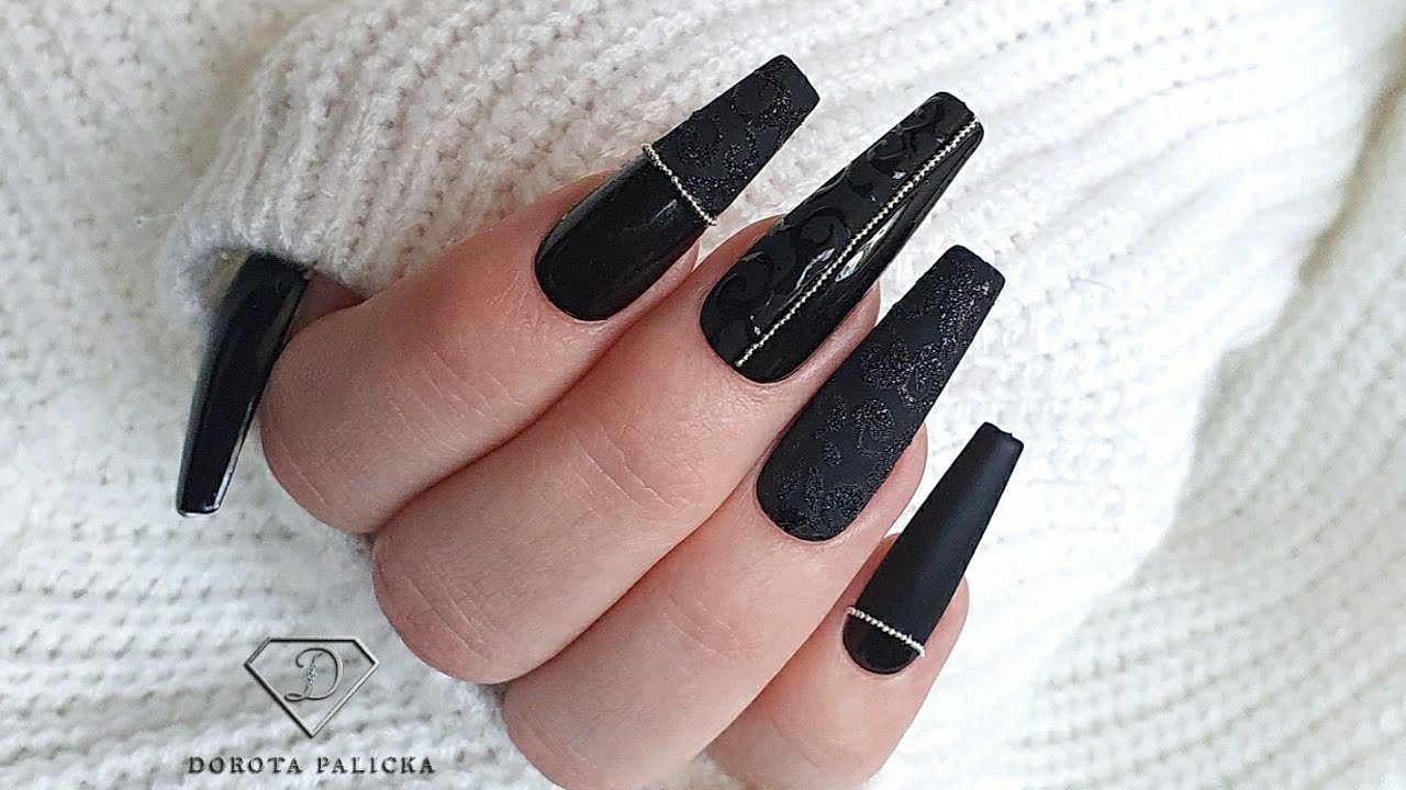 Black Shiny And Matte Nail Design With Black Sugar Nail Art YouTube