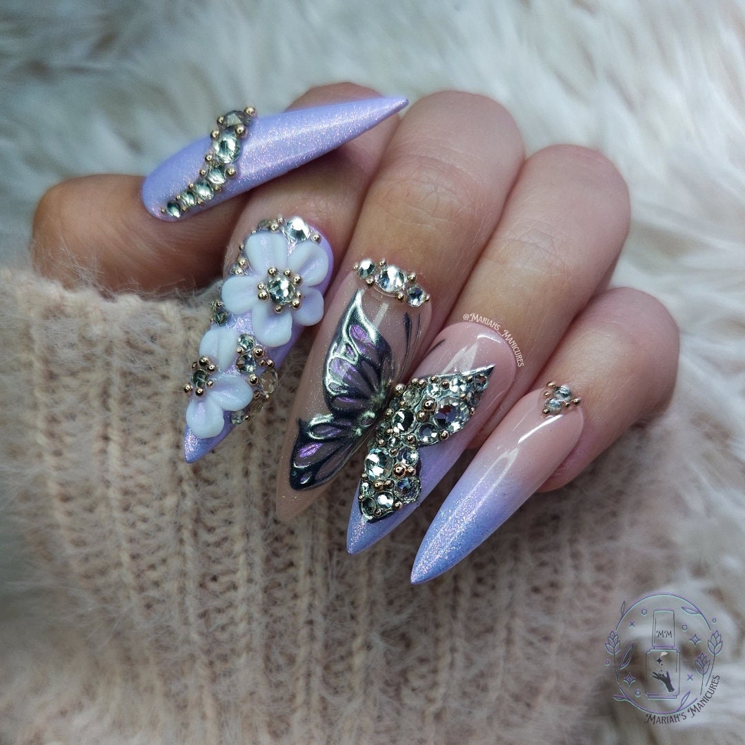 Blingy Butterfly Blossoms Press On Nails Purple Spring Butterflies Acrylic Nail Art 3D Acrylic Flowers Girly Stones Glue On Nails Etsy
