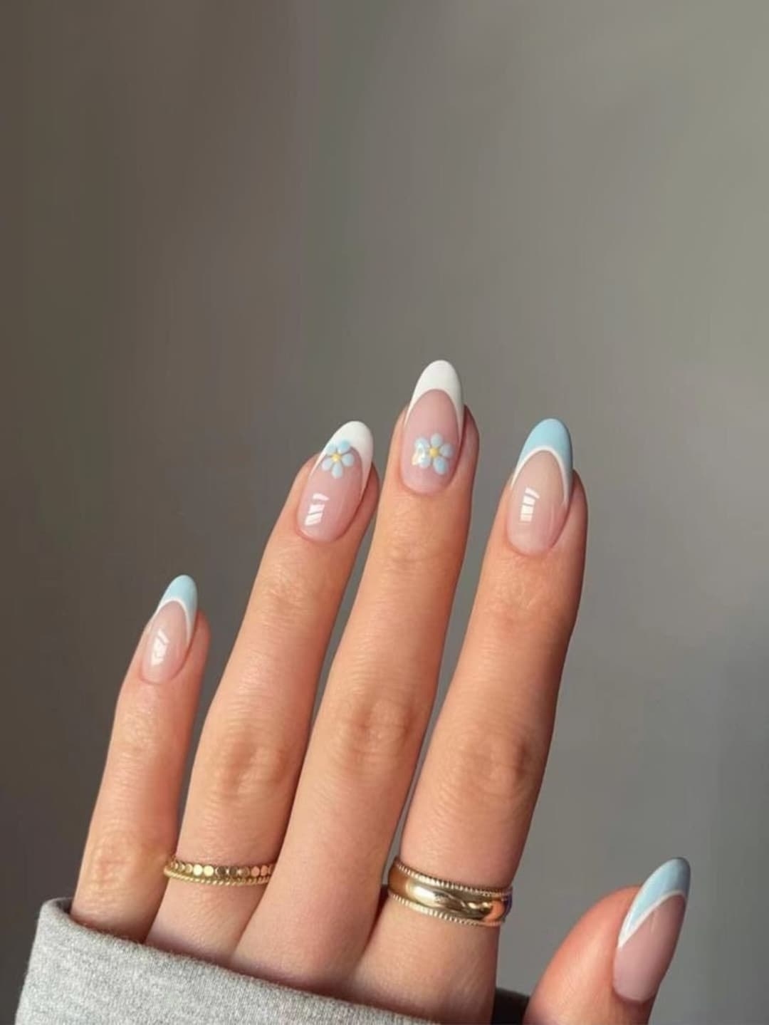 Blue Floral French Almond Press On False Acrylic Nails Press On Extension Handmade Etsy