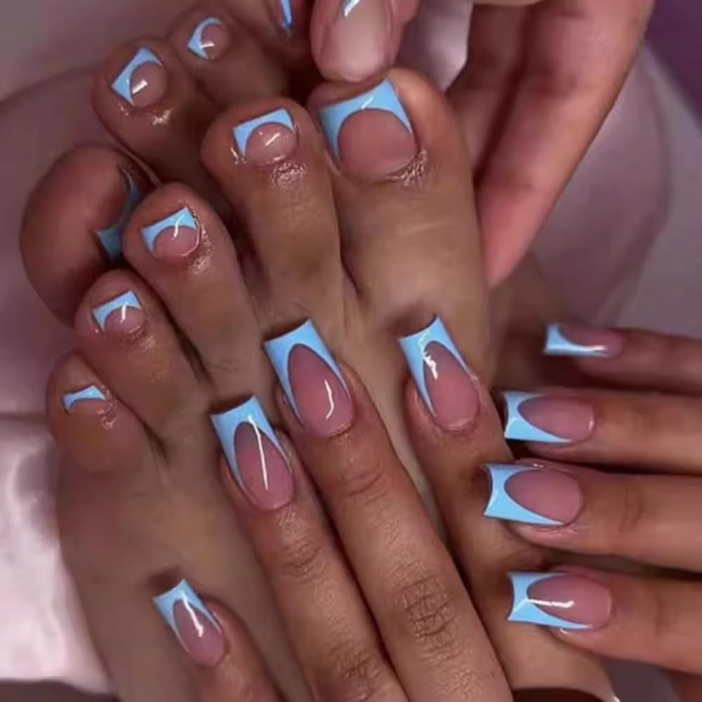 Blue French Press On Nails Medium Press On Toenails Set Square Fake Nails Press Ons Nail Art Tips Glue On Nails Full Cover False Toe Nails With Design Stick On